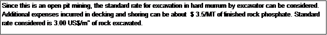 Text Box: Since this is an open pit mining, the standard rate for excavation in hard murrum by excavator can be considered. Additional expenses incurred in decking and shoring can be about  $ 3.5/MT of finished rock phosphate. Standard rate considered is 3.00 US$/m" of rock excavated.
